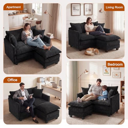 50'' L-Shape Loveseat Sofa with 22" Ottoman, 2 Seat Modern Cloud Couch with 2 Washable Pillows for Small Space Apartment Office Living Room Bedroom, Black - color: Black, size: 50"L
