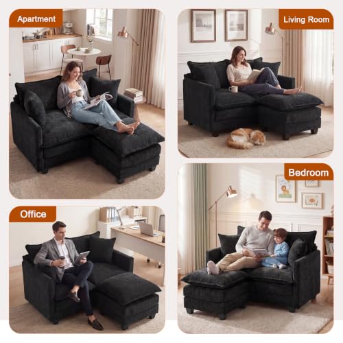 50'' Loveseat Sofa Set with Ottoman, Small Couch Set 2 Piece Cloud Love Seat 27" Deep Seat Washable Pillows Couches for Small Spaces Apartment Living Room, Black - color: Black, size: 50"+50"L