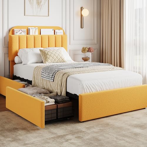 GarveeHome Twin Bed Frame, Platform Bed with Storage Headboard & Drawers | Boucle Upholstered Bed Frame for Kids, Bookcase Headboard, No Box Spring Needed, Easy Assembly, Yellow - color: Yellow, size: Twin