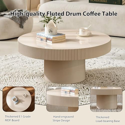 Round Fluted Coffee Table Handcrafted Relief Drum End Table | Mid Century Modern Drum Coffee Tables Rustic Industrials Wood Center Table for Apartment Living Room - color: White Round Thin