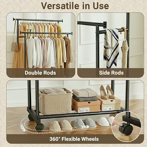 Double Rods Clothes Rack with Wheels, Garment Racks for Hanging Clothes, Multifunctional Metal Clothing Racks, Portable Wardrobe Rack for Clothing Organizers and Storage, Black
