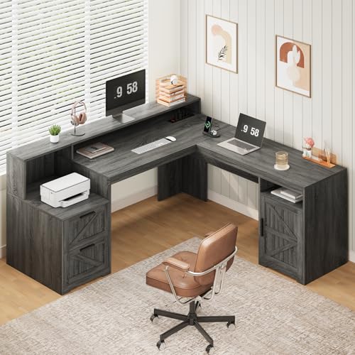 63" Farmhouse L Shaped Desk with Drawers & Printer Shelf for Home Office | Corner Computer Desk with Storage, Power Outlets, L Shaped Office Desk with Monitor Stand, Printer Shelf, Dark Gray - color: Dark Gray