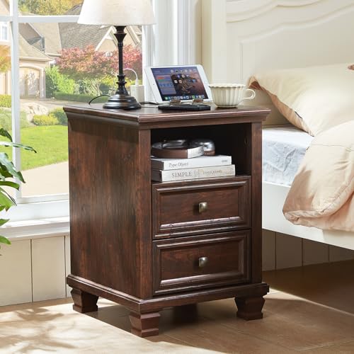 Farmhouse Nightstand with Charging Station, Walnut | End Tables Bedroom with 2 Drawers, Traditional Night Stand with Open Shelf & Thickened Top & Square Wooden Legs - color: Walnut, size: 18"D x 18"W x 25"H (2 Drawers)