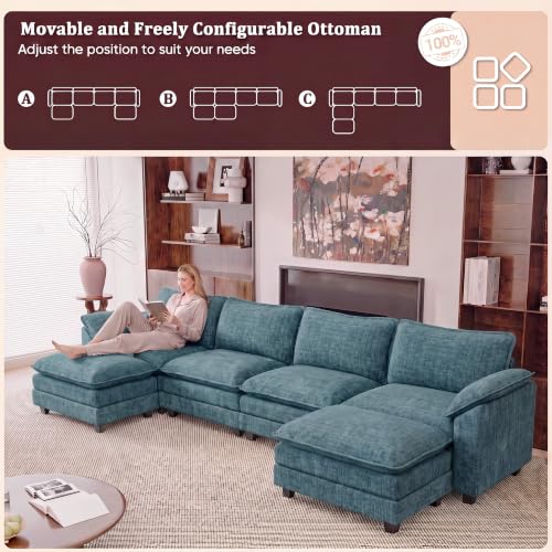 JUMMICO 159" U-Shaped Shaped Sectional Couch, Modular Cloud Sofa, Dark Blue | 2 Movable Ottoman,4 Deep Seats, Sturdy Frame, Comfy Chenille, Easy Assembly, Sleeper Sofa for Living Room, Apartment - color: Dark Blue, size: U Shaped Sofa