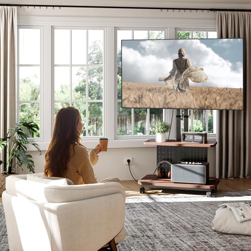 Mobile TV Cart on Wheels,Height Adjustable Rolling TV Stand for 32-85 inch TVs,with 5-Level Lift,35° Swivel,Portable Media Cart for Office,Outdoor | Height Adjustablewith 5-Level Lift,35° Swivel,Dual Shelves & Pegboard Storage,Portable Media Cart for Home