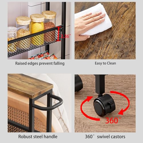 Slim Rolling Cart 5 Tier Narrow Storage Cart on Wheels with Handle | Lockable Wheels, Wood Top Panel, Metal Frame Utility Carts for Kitchen, Dining, Living, Home Office, Laundry Room - size: 16.38 x 5.12 x 39.17 inch