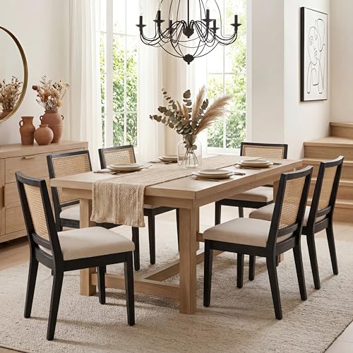 HNY Farmhouse Rattan Dining Chairs Set of 6, Black Solid Hardwood Frame, Upholstered Linen Seat, Ergonomic Cane Back Dining Room Chairs for Kitchen, Dining Room, Apartment, Beige - color: Black