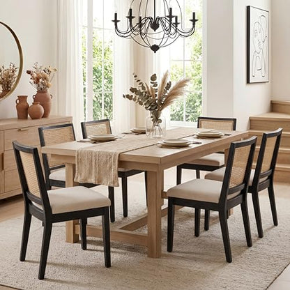 HNY Farmhouse Rattan Dining Chairs Set of 6, Black Solid Hardwood Frame, Upholstered Linen Seat, Ergonomic Cane Back Dining Room Chairs for Kitchen, Dining Room, Apartment, Beige - color: Black