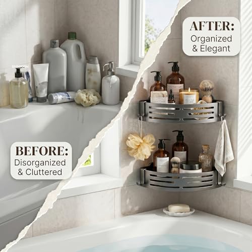 Shower Caddy Suction Cup, Rustproof Aluminum Shower Shelves with Hooks, No-Drilling Upgrade Bionic Suction Cup Shower Organizer, Removable Bathroom Storage Corner Shelf (Grey)