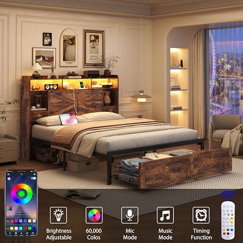 TIGUBFRE Full Bed Frame with 4 Drawers Bookshelf Headboard, Farmhouse Bed Frame with Charging Station & LED Lights, Metal Slats Support, Noise Free, No Box Spring Needed Rustic Brown - color: Rustic Brown, size: Full