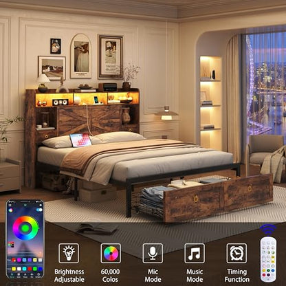 TIGUBFRE Queen Bed Frame with 4 Drawers Bookshelf Headboard, Farmhouse Bed Frame with Charging Station & LED Lights, Metal Slats Support, Noise Free, No Box Spring Needed Rustic Brown - color: Rustic Brown, size: Queen