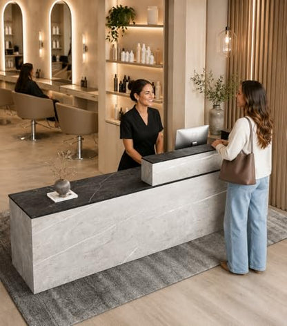 79" L-Shaped Reception Desk with Counter, Front Desk with Lockable Drawer, Keyboard Tray & Cable Grommet for Office, Salon, Lobby, Checkout (Gray & Black, Left) - color: Gray & Black, size: 79 inch, style: Left
