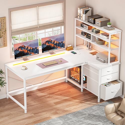 DurayLoly L Shaped White Desk with 3 Drawers,Shelf and PC Stand for Storage | 3 Silent Fabric Drawers, 3-Tier Shelf, Raised PC stand; Storing Books or Crafts, Moisture for Tidy Compact Rooms - color: White, size: 18.9"D x 47.2"W x 59"H