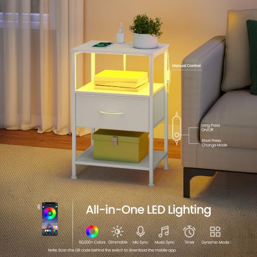 SONGMICS BELLAH Collection - Nightstand with Charging Station and App-Controlled Adjustable LED Lights, Bed Side Table, 1 Drawer and 2 Open Shelves, Modern, Cloud White and Snow White ULGS301WH01S - color: Cloud White + Snow White, size: 1 Drawer