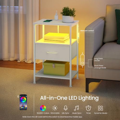 SONGMICS BELLAH Collection - Nightstand with Charging Station and App-Controlled Adjustable LED Lights, Bed Side Table, 1 Drawer and 2 Open Shelves, Modern, Cloud White and Snow White ULGS301WH01S - color: Cloud White + Snow White, size: 1 Drawer
