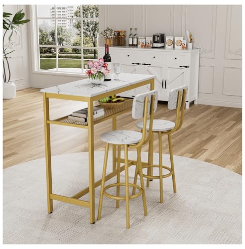 Counter Height Dining Table Set with 2 Stools - Kitchen Breakfast Bar Table - White Faux Marble Top