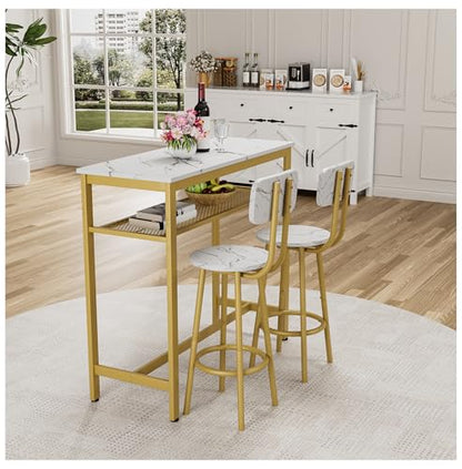 Counter Height Dining Table Set with 2 Stools - Kitchen Breakfast Bar Table - White Faux Marble Top