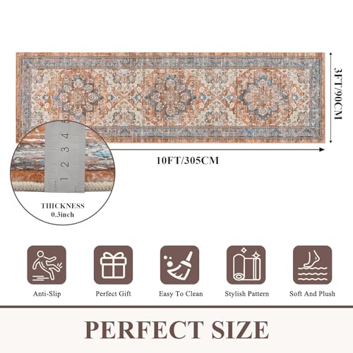 Bsmathom Hallway Runner Rug - 3x10 Vintage Non-Slip Long Rug for Entryway Low Pile Machine Washable Runner Rugs Indoor Thin Rug for Kitchen Bedroom Living Room Laundry - color: Brown Red, size: 3' x 10' (Runner)