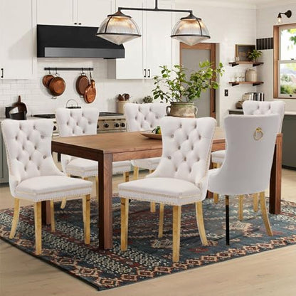 Velvet Upholstered Dining Chairs Set of 8, Modern Style Kitchen Side Chairs with Nailhead Trim and Gold Plated Leg, Metal Pulling Ring for Dining Room Living Room(Beige) - color: Beige-gold Plated Leg, size: Set of 8