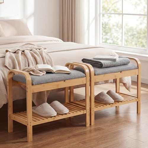 GOFLAME Bamboo Shoe Bench with Storage, 2-Tier Entryway Bench with Flip-Top Storage and Padded Seat Cushion, Shoe Rack Organizer with Shelf for Hallway, Bedroom, Living Room - style: With Storage - Small Size
