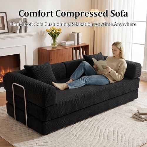79" Boneless Couch,4-in-1 Futon Sofa Bed Modular Loveseat Sleeper Folding Compressed Couch with Pillows,No Assembly Required Convertible Sofa Bed for Living Room Bedroom Guest Room,Black - color: Black, size: 79” Sofa