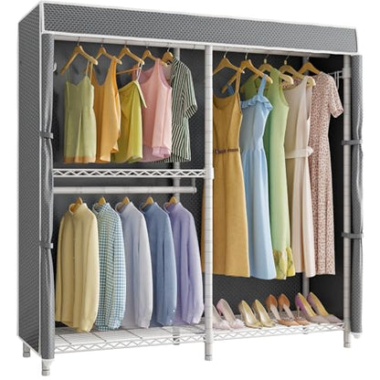 VIPEK V4C Heavy Duty Adjustable Clothing Rack, White Metal Closet Rack with Grey Cover, 57.9" L x 17.3" W x 76.4" H, 3 Hanging Rods & Side Hooks, Portable Closet - color: White Rack with Grey Cover, style: V4C