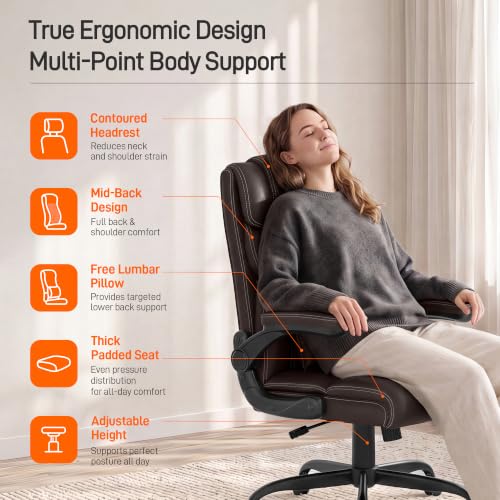Office Chair, Executive Mid-Back Computer Desk Chair with Flip-up Armrests | 300 Lbs Ergonomic Leather Swivel PC Chair with Rock Function for Working Studying (Coffee) - color: Coffee