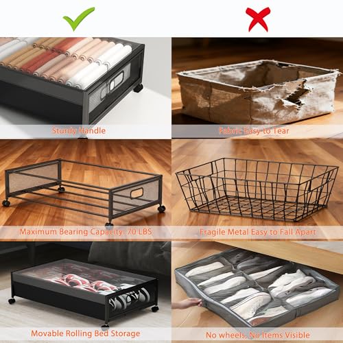 Under Bed Storage with Wheels, Rolling Underbed Storage Organizer, Heavy Duty Under Bed Storage for Clothes, Blankets and Bedding, Low Profile Underbed Container, Black