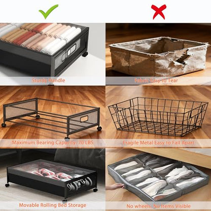 Under Bed Storage with Wheels, Rolling Underbed Storage Organizer, Heavy Duty Under Bed Storage for Clothes, Blankets and Bedding, Low Profile Underbed Container, Black