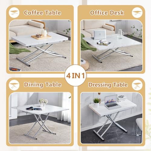 Adjustable Height Coffee Table, Folding Dining Table, White&Sliver | Convertible lift top table for use as a coffee table, dining table, home office desk or vanity - color: White & Sliver Legs