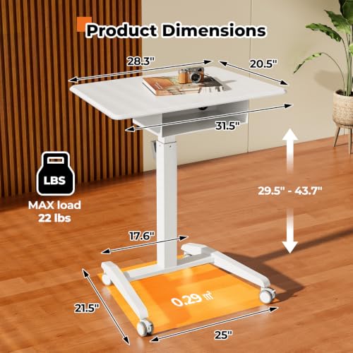 JOY worker Mobile Standing Desk with Drawer, 31.5" Rolling Desk with Wheels | White Portable Laptop Desk Pneumatic Height Adjustable, Open Storage Shelf, Lockable Casters, Home Office School, Holds 22lbs - color: White, size: 31.5 Inch