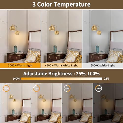 Powfloven Gold Battery Operated Wall Sconces Set of 2, Rechargeable Cordless Wall Light Fixture with Remote, Dimmable Wireless Battery Powered Wall Decor Lighting Lamp for Bedroom Living Room