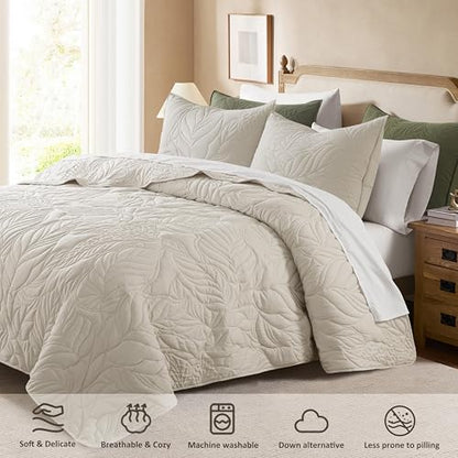 R.SHARE Beige King Size Quilt Set, Neutral Soft Lightweight Bedspread, Farmhouse Rustic Country Coverlet, Leaf Pattern Bedding with 2 Shams, 3 Pieces Spring Summer Thin Comforter - color: Beige, size: King (104"x90")