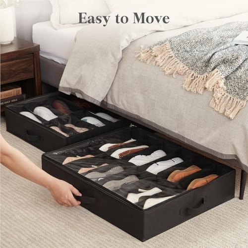 Lifewit Under Bed Shoe Storage Organizer 2 Pack(12 Shoes Cells), 4.3 Inches Profile Fabric Shoes Container Box with Clear Cover, Foldable Storage Bag with 2 Handles, Fits 12 to 24 Pairs - style: 12 Shoes Cells
