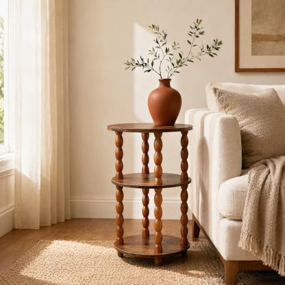Small Round Narrow Side Table, 3-Tier End Table with Storage | 11.8″ x 11.8″ x 22.6″, Solid Wood Spindle Legs, Easy Assembly, No Tools Required, Vintage Style, Space-Saving, Easy to Clean