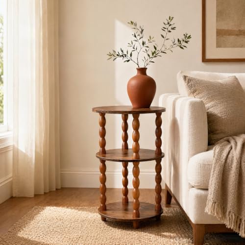 Small Round Narrow Side Table, 3-Tier End Table with Storage | 11.8″ x 11.8″ x 22.6″, Solid Wood Spindle Legs, Easy Assembly, No Tools Required, Vintage Style, Space-Saving, Easy to Clean
