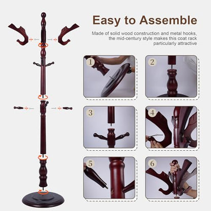 Wooden Coat Rack Freestanding with 11 Hooks, Adjustable Height Coat Tree Free Standing Heavy Duty for Entryway, Easy Assembly Solid Wood Sturdy Coat Hats Hanger Stand for Office Hallway Bedroom - color: Redwood-Solid Wood Hook A