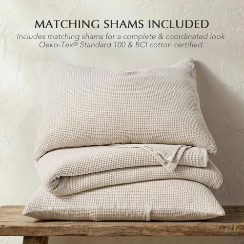 100% Cotton Waffle Coverlet Set, Queen Size, Birch | Soft Premium Waffle Weave Cotton Bed Blanket, Lightweight Oversized Bedspread, All Season 3-Piece Bedding Set with 2 Shams - color: Birch, size: Full/Queen (92" X 96")