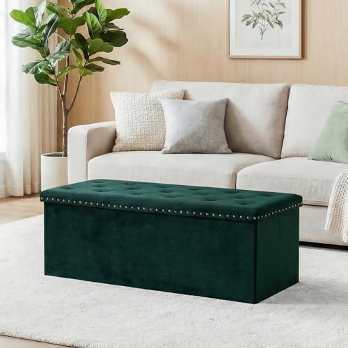 43 Inches Velvet Storage Ottoman Bench, Folding Upholstered Ottoman with Storage for Bedroom Living Room, 140L Capacity - color: Green