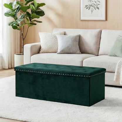 43 Inches Velvet Storage Ottoman Bench, Folding Upholstered Ottoman with Storage for Bedroom Living Room, 140L Capacity - color: Green