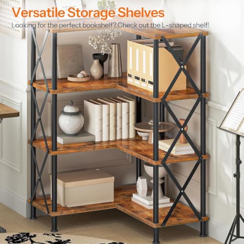 4 Tier L-Shaped Corner Bookshelf Rustic Brown Particleboard Matte Black Metal Frame Freestanding Open Display Storage Rack 23.6 x 23.6 x 45.5 Inch for Living Room Home Office