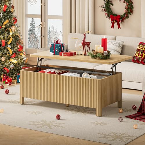 Fluted Lift Top Coffee Table with Storage, Mid Century Modern Coffee Table with Hidden Compartment, Rising Top Wood Center Table for Living Room, Home Office, Rounded Edges (Natural Oak) - color: Natural Oak