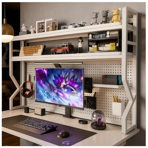 Desktop Hutch Bookshelf,Many Gifts,Metal Desktop Bookcase with pegboard, Desk Shelf, Countertop Storage Organizer Rack for Dorm or Office,Desktop Shelves (White, 45.3" Lx9.9 Wx39 H) - color: White, size: 45.3" Lx9.9 Wx39 H