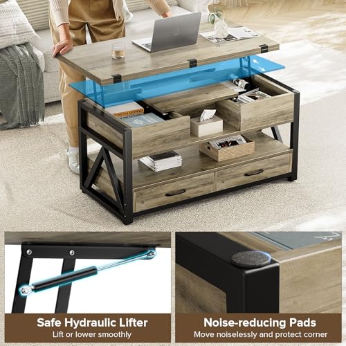 40" Lift Top Coffee Table with Storage,Grey | 4 in 1 Multi-Function Lifting top Coffee Tables with Storage Drawers and Hidden Compartmen,for Living Room - color: Grey