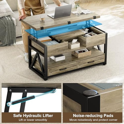 40" Lift Top Coffee Table with Storage,Grey | 4 in 1 Multi-Function Lifting top Coffee Tables with Storage Drawers and Hidden Compartmen,for Living Room - color: Grey