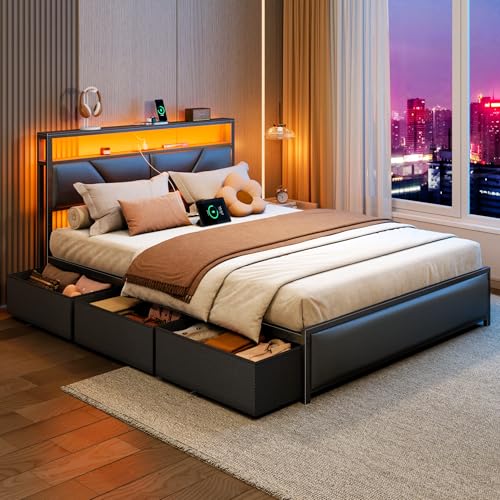 Queen Bed Frame with Storage Headboard, 6 Drawers, LED&Charging | 2-Tier PU Leather Upholstered Headboard, Charging Station&RGB Lights, No Box Spring Needed, easy assembly, Noise-Free,Black - color: Black, size: Queen