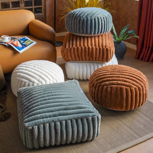 Round Unstuffed Pouf Ottoman Cover Soft Footstool, White | Cover Only, 20x20x8 In, Soft Short Plush, Ribbed Texture, Modern Style, Living Room, Bedroom, Reading Nook - color: White