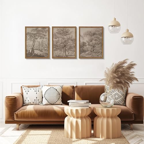 Vintage Landscape Framed Wall Art Set of 3, Neutral Nature Wabi Sabi Canvas Wall Decor Painting, Rustic Retro Botanical Tree Artwork Prints Pictures for Farmhouse Living Room Bedroom 16x24 Inch - color: Grey Tree, size: 24L" x 16W"