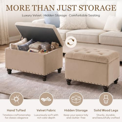 Zihanhome Velvet Storage Ottoman Bench, Button Tufted Ottoman with Hidden Storage, Upholstered Foot Rest Stool with Solid Wood Legs for Living Room, Bedroom, Entryway & Small Spaces (Khaki) - color: Velvet-khaki