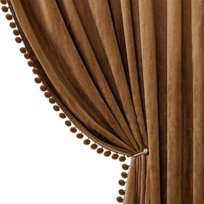 Benedeco Pom Pom Velvet Blackout Curtains 52x84, Toffee Camel, 2 Panels | Elegant Room Darkening Thermal Insulated Energy Saving Noise Reducing Boho Drapes for Bedroom, Living Room - color: A-camel, size: 52"W x 84"L (Pack of 2)